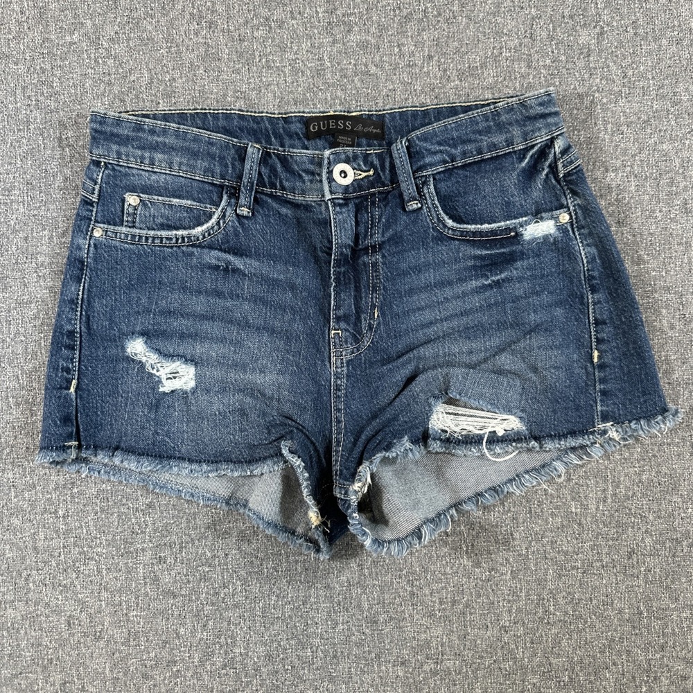 Guess Los Angeles Distressed Denim Shorts Women's Size 27 Dark Wash Raw Hem